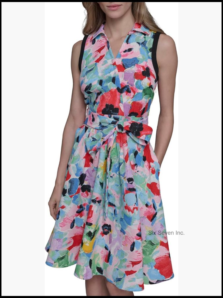 Sleeveless Collared Faux Wrap Midi Dress, 99% Polyester 1% Spandex